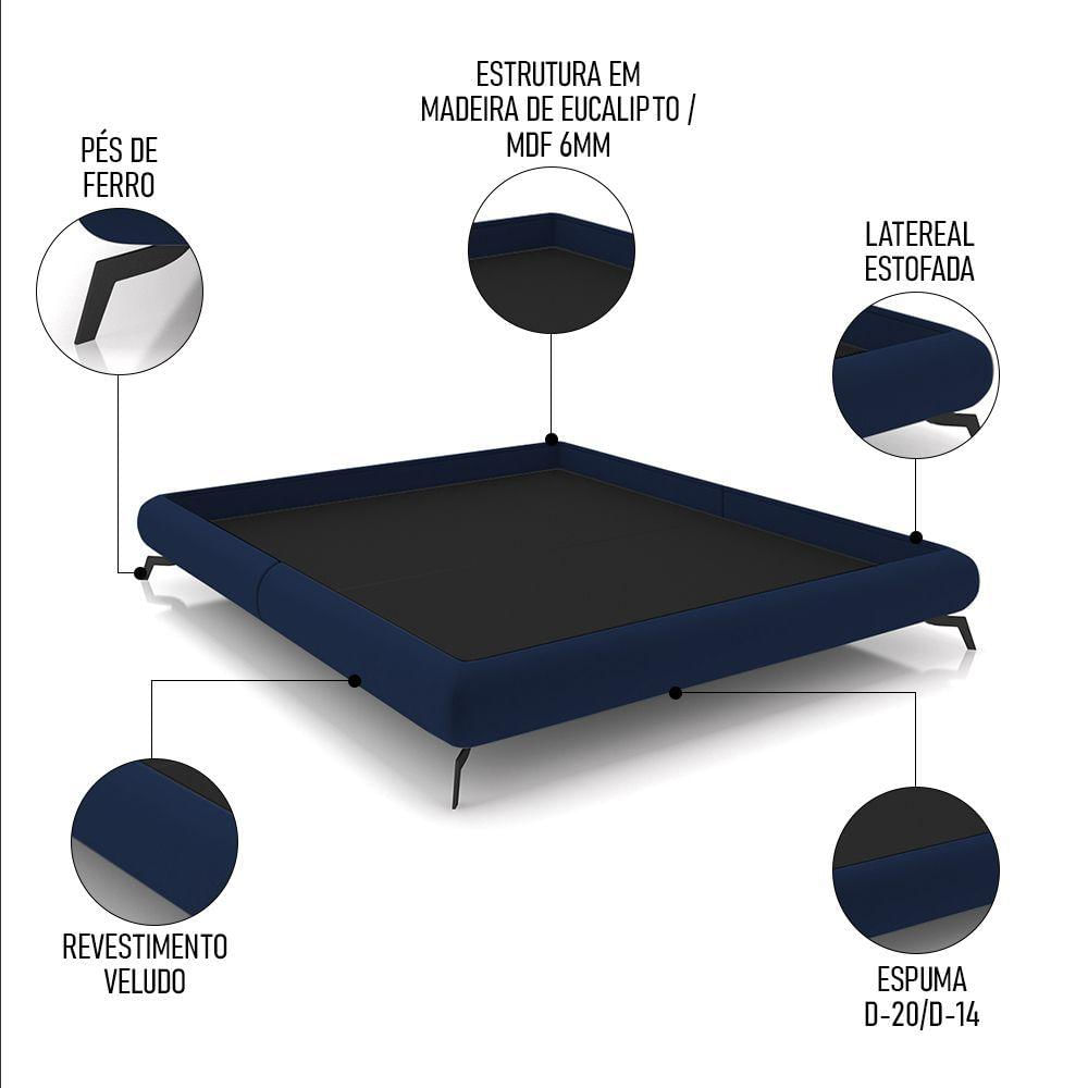 Miniatura Cama Casal Base Box 138x188cm Pés De Ferro Cold P02 Veludo Azul - Mpozenato