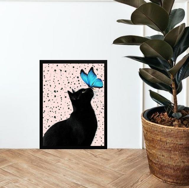 Quadro Gato Com Borboleta Azul 45X34Cm - Com Vidro