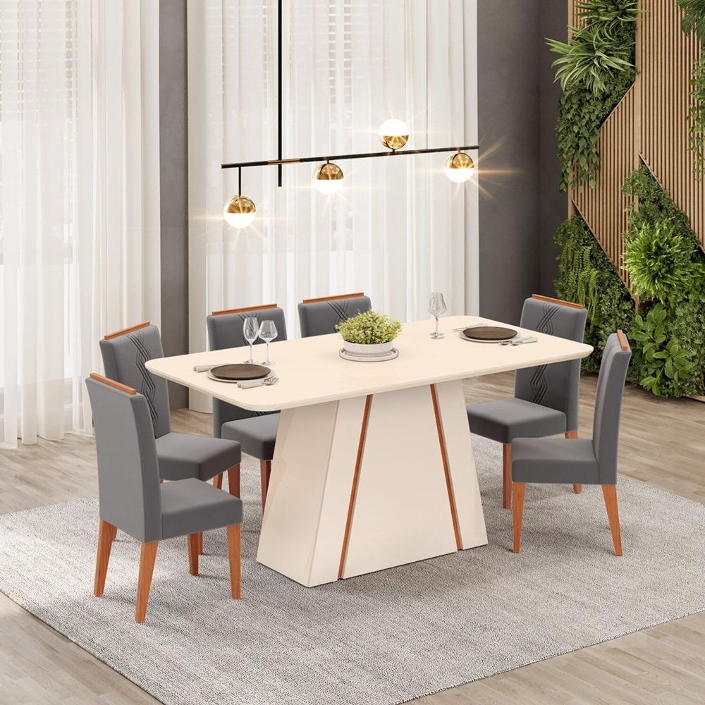 Miniatura Mesa Gabi 1,70 com 6 Cadeiras Yasmin Off White/ Freijo/ Lunar