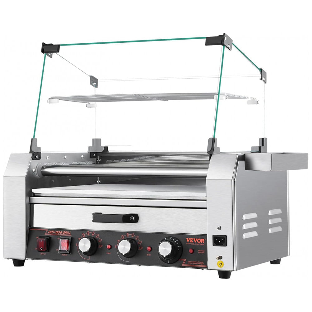 Máquina de Cachorro-Quente VEVOR, 18 Hot Dogs em 7 Rolos, Grill de Salsichas em Aço Inoxidável, 1200W com Aquecedor de Pães, Tampa,