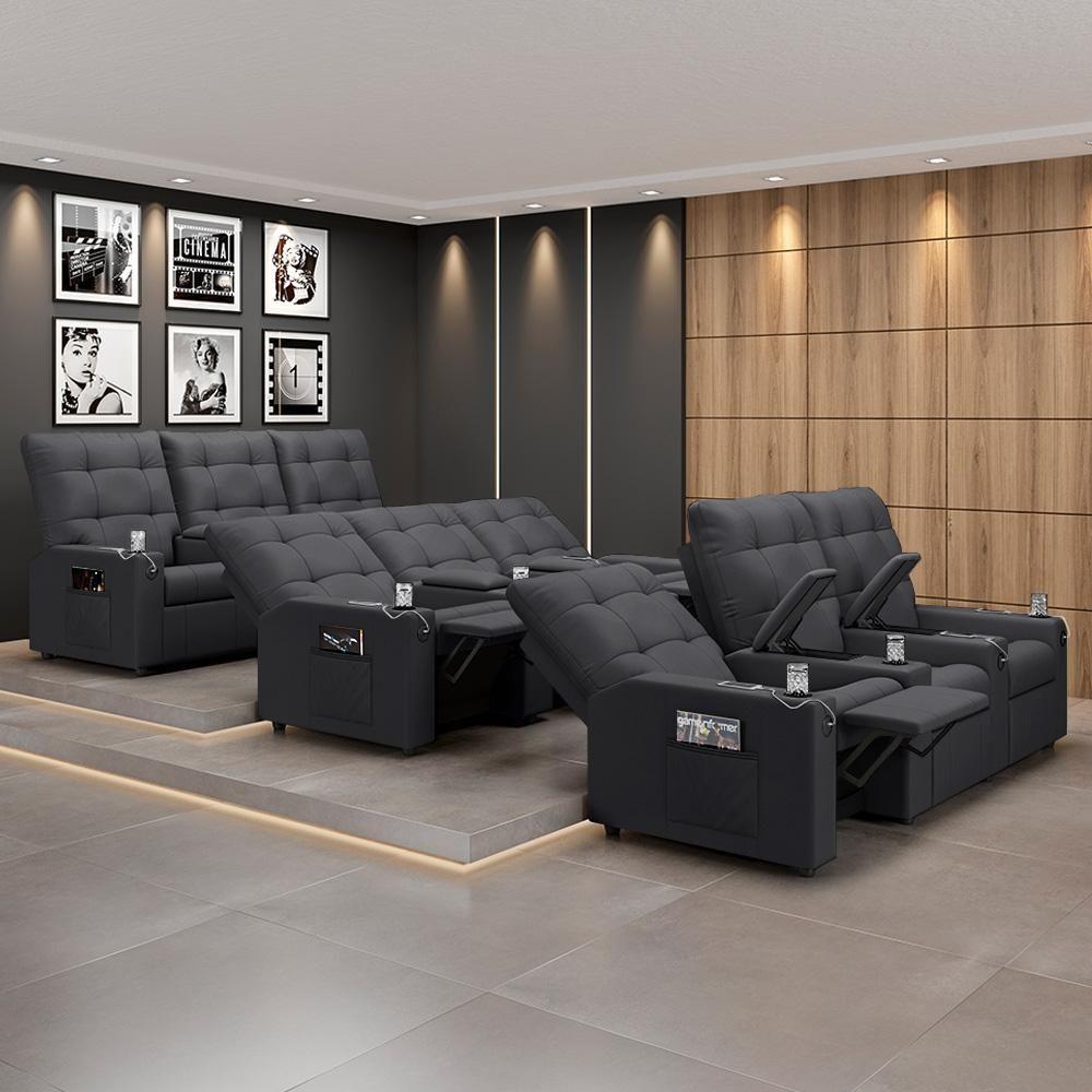 Miniatura Poltrona De Cinema Reclinável 3 Lugares Baú Usb Mallie Fh9 Veludo Cinza - Mpozenato
