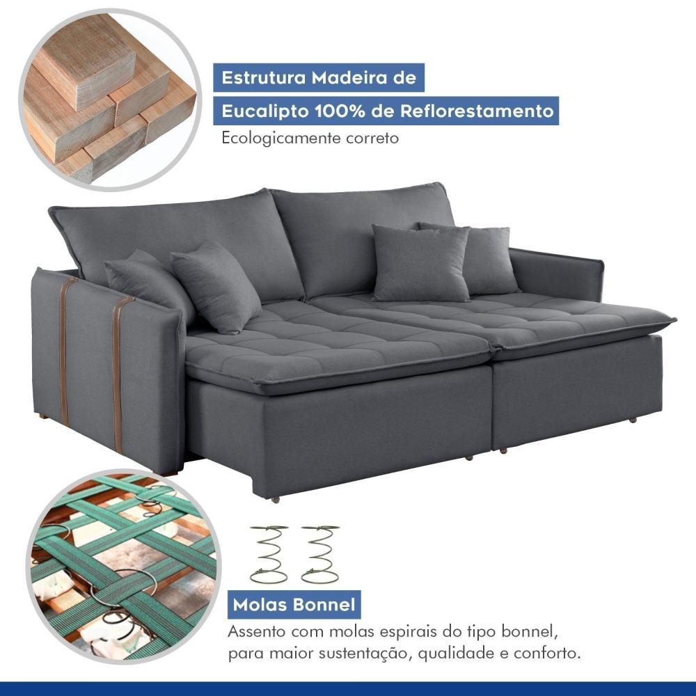 Miniatura Sofa Cama Retratil e Reclinavel 220cm Detroid Yescasa Cinza