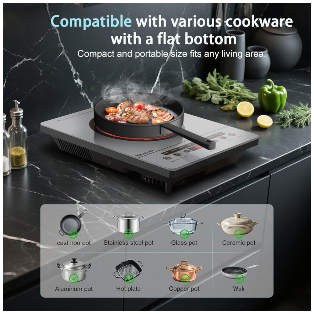 Miniatura Cooktop Elétrico de Uma Boca, Fogão Elétrico Portátil 110V, Controle por Toque, Trava de Segurança, Timer - Níveis de Potência, 1800W Cinza,Karienvir