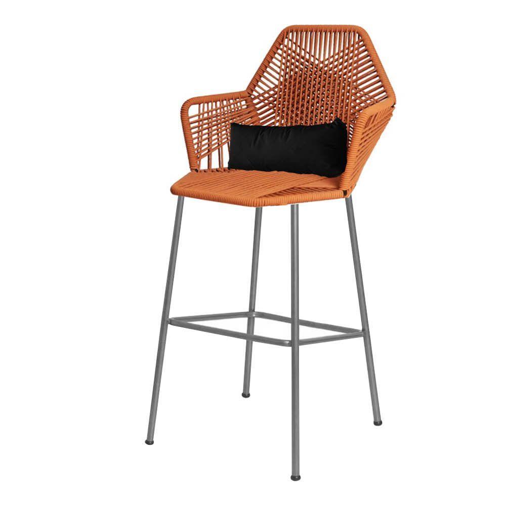 Miniatura Banqueta Alta Com Encosto Ferro Prata Fibra Terracota Almofada Preto