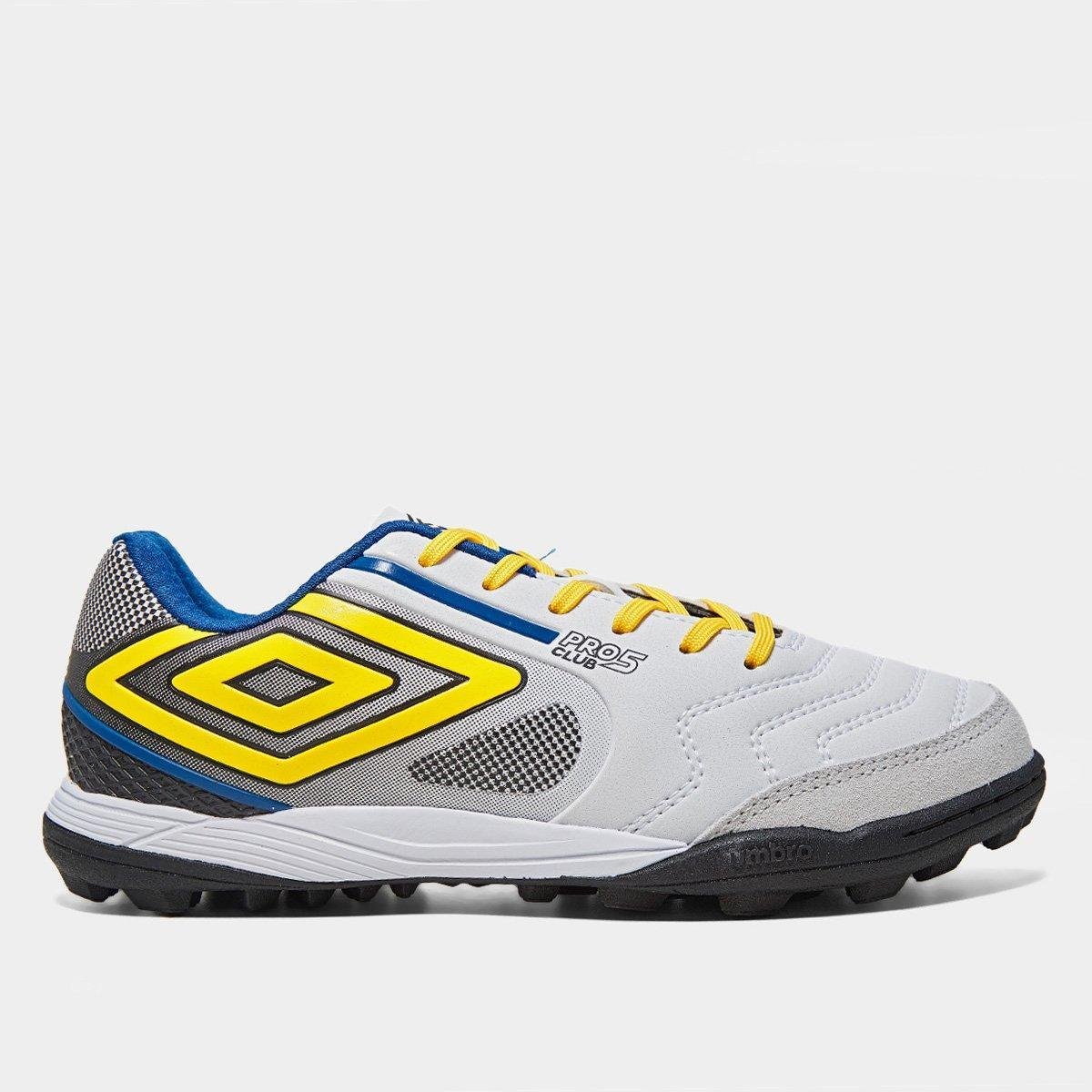 Miniatura Chuteira Society Umbro Pro 5 Bump Club Unissex Branco+Amarelo - 37