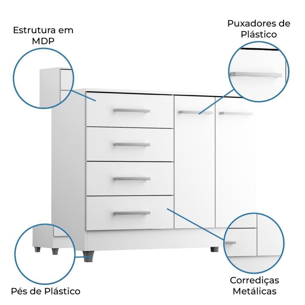 Cômoda Sapateira Gisele 2 Portas 4 Gavetas Branco Branco