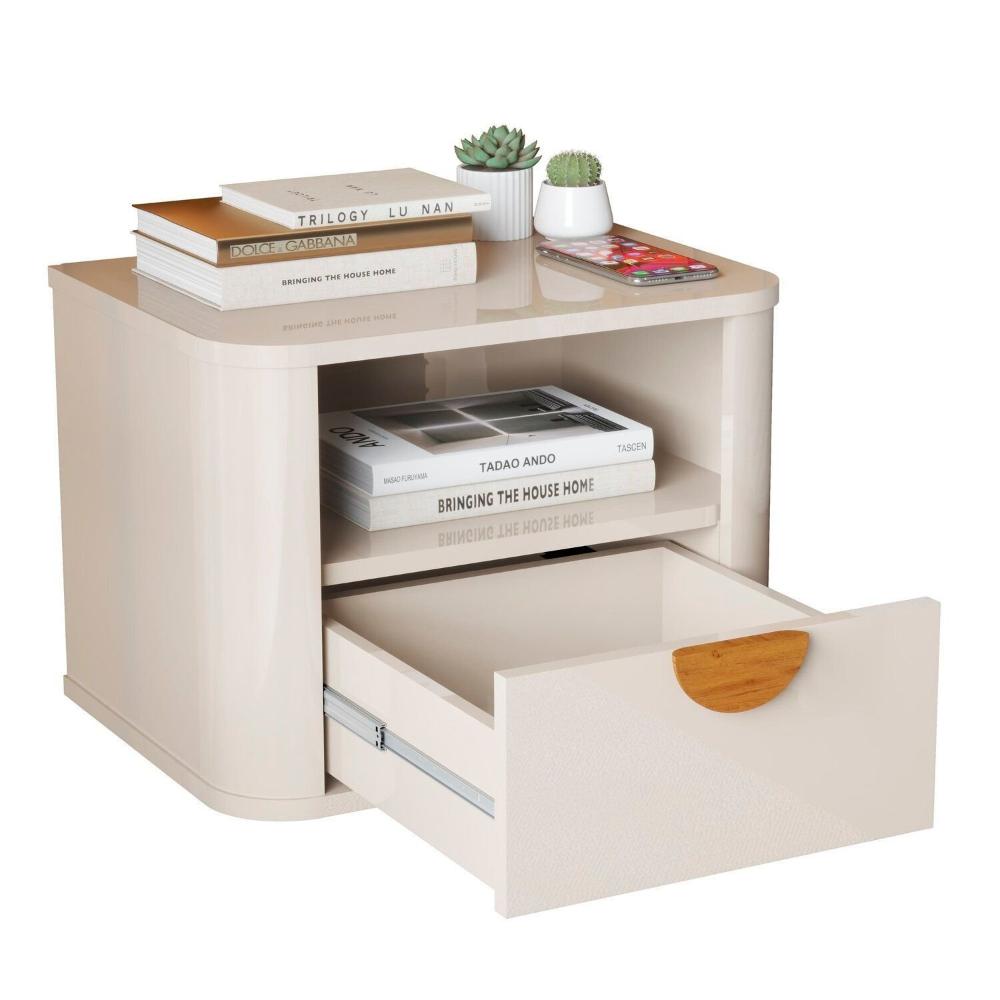 Miniatura Mesa de Cabeceira Suspensa Buriti Curva com Puxador em Madeira Maciça OFFWHITE