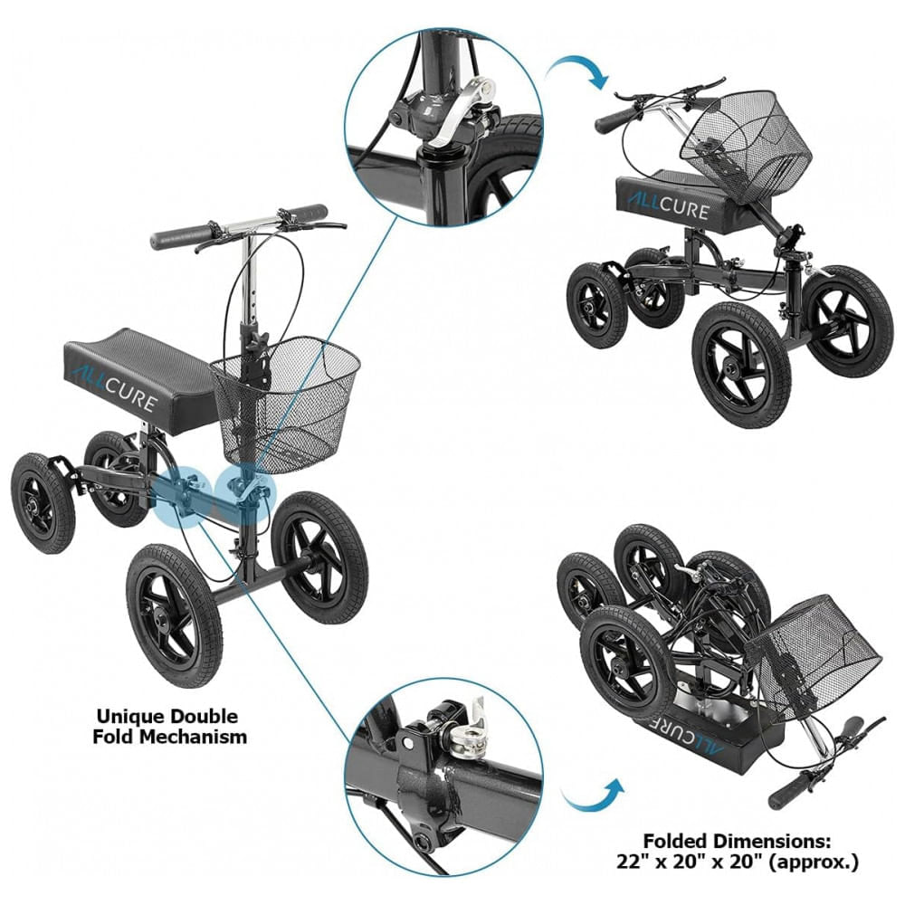 Miniatura Andador 4 Rodas Dobrável com Cesta e Apoio para Joelho Ideal para Lesões Suporta 136kg, ALLCURE, Preto