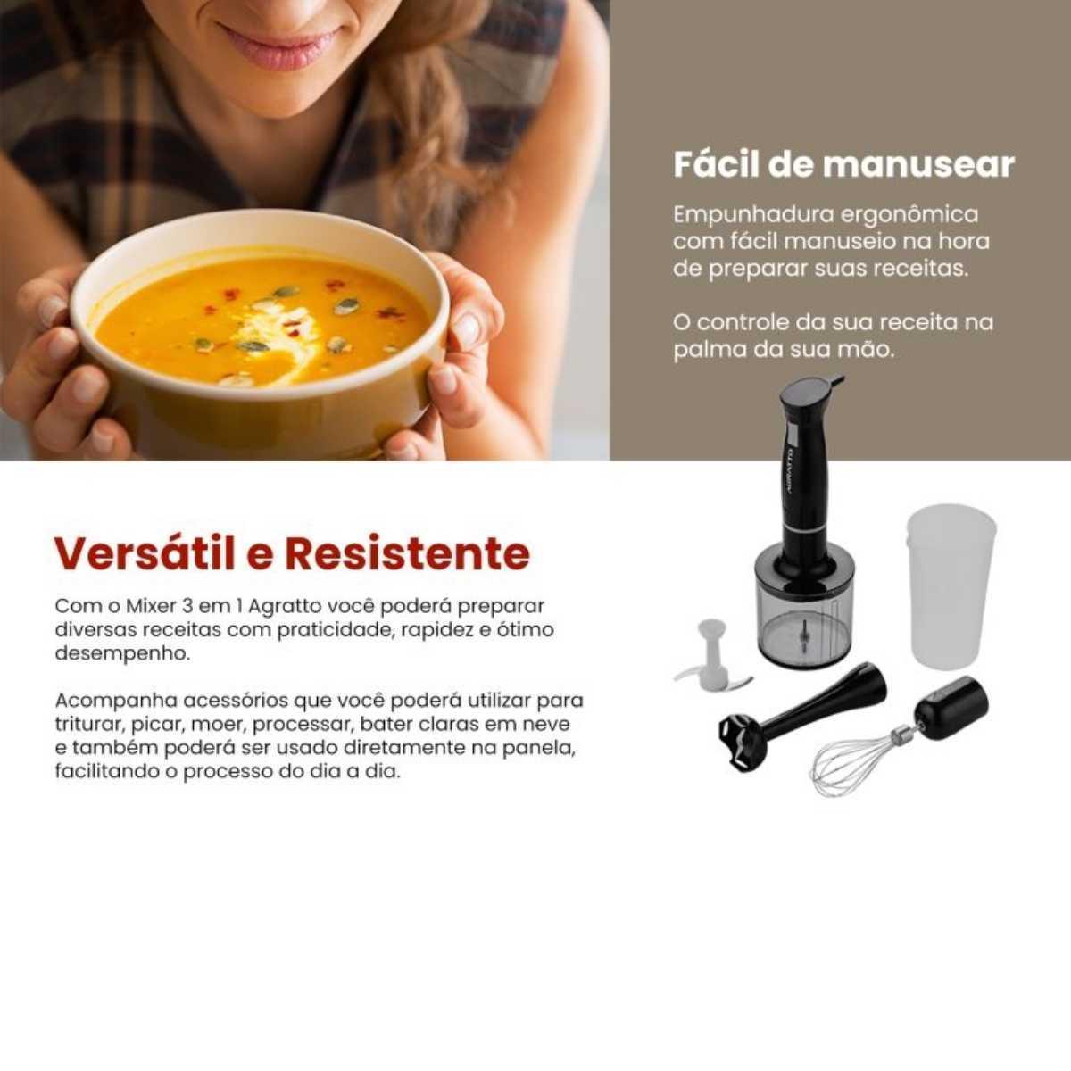 Miniatura Kit Mixer 3 Em 1 Processador Batedor Liquidificador Portátil