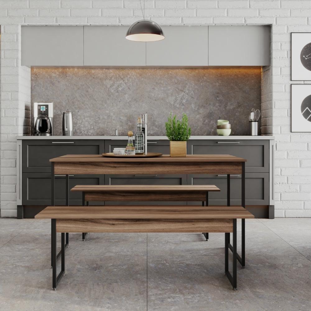 Miniatura Mesa De Jantar Com 2 Bancos Estilo Industrial Tub Nogal / Est.preta