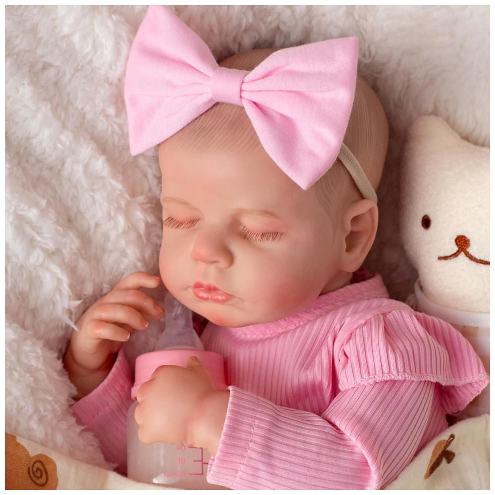 Miniatura Bebê Recém-Nascido Newborn, Boneca Bebê Reborn Realista de 45 cm Menina com Corpo de Pano e Kit de Alimentação, SPICIMOMO