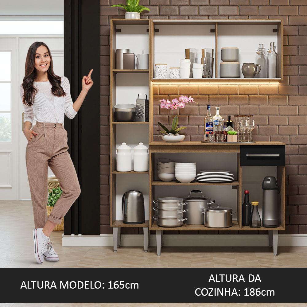 Armário de Cozinha Compacta 137cm Rustic/Preto Emilly Madesa 06 Rustic/Preto
