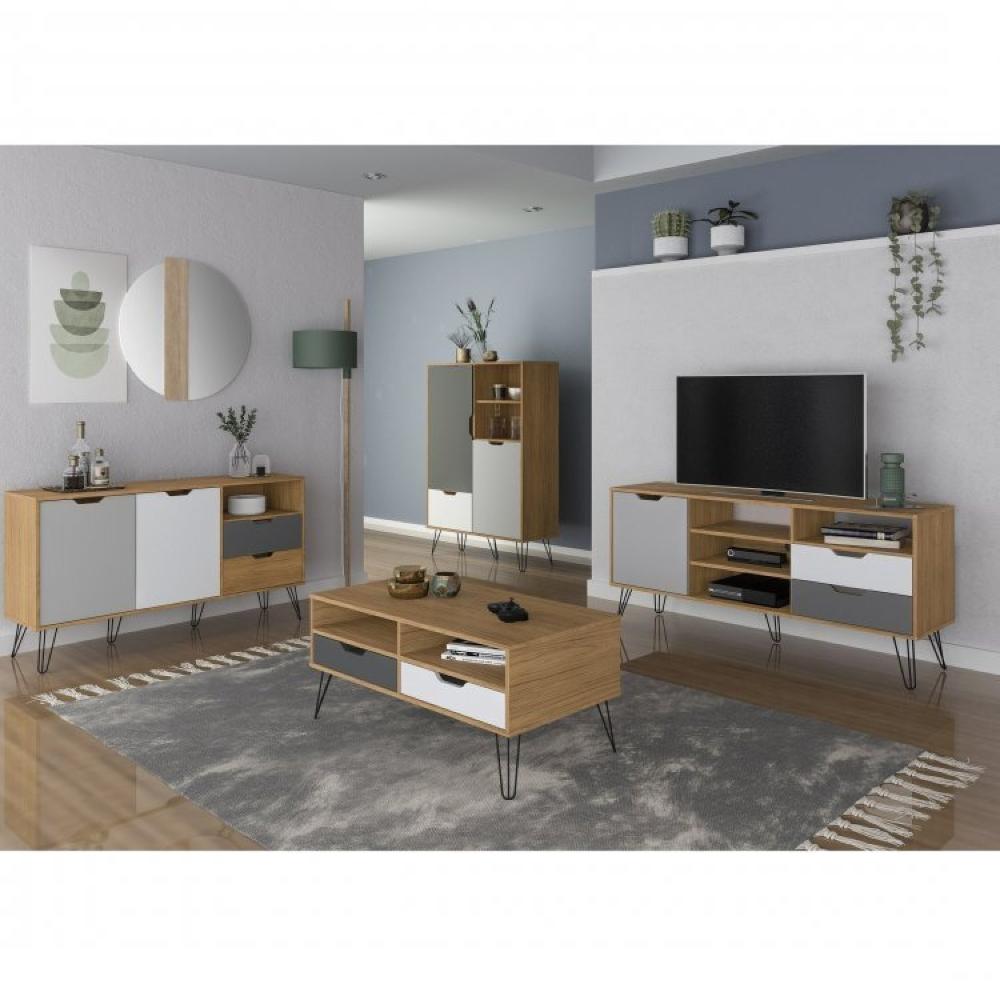 Miniatura Conjunto Sala de Estar Rack para TV até 55 Polegadas Buffet Bar e Mesa de Centro Estocolmo Artely Carvalho/Grafite