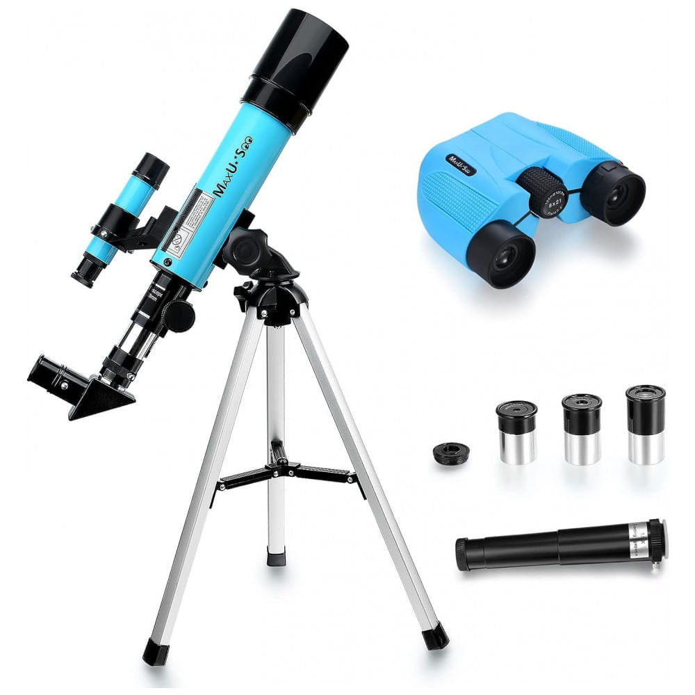 Miniatura Telescópio Astronômico 8x21 com Binóculos HD, Mira Finder e 3 Oculares, MaxUSee F36050, Azul Claro