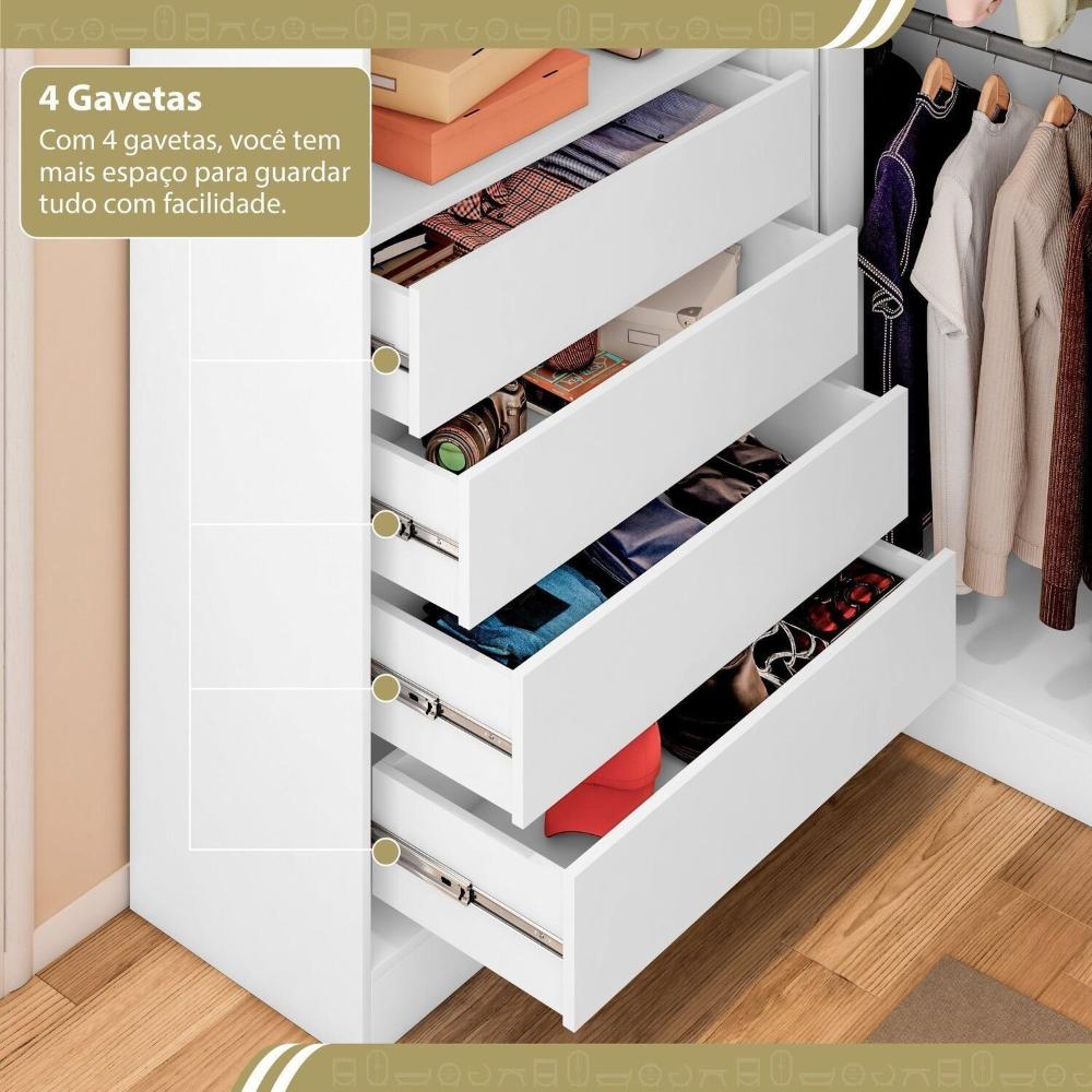 Guarda Roupa Closet Casal sem Portas Canto em L com 4 Gavetas e 3 Cabideiros Versatille Yescasa Branco