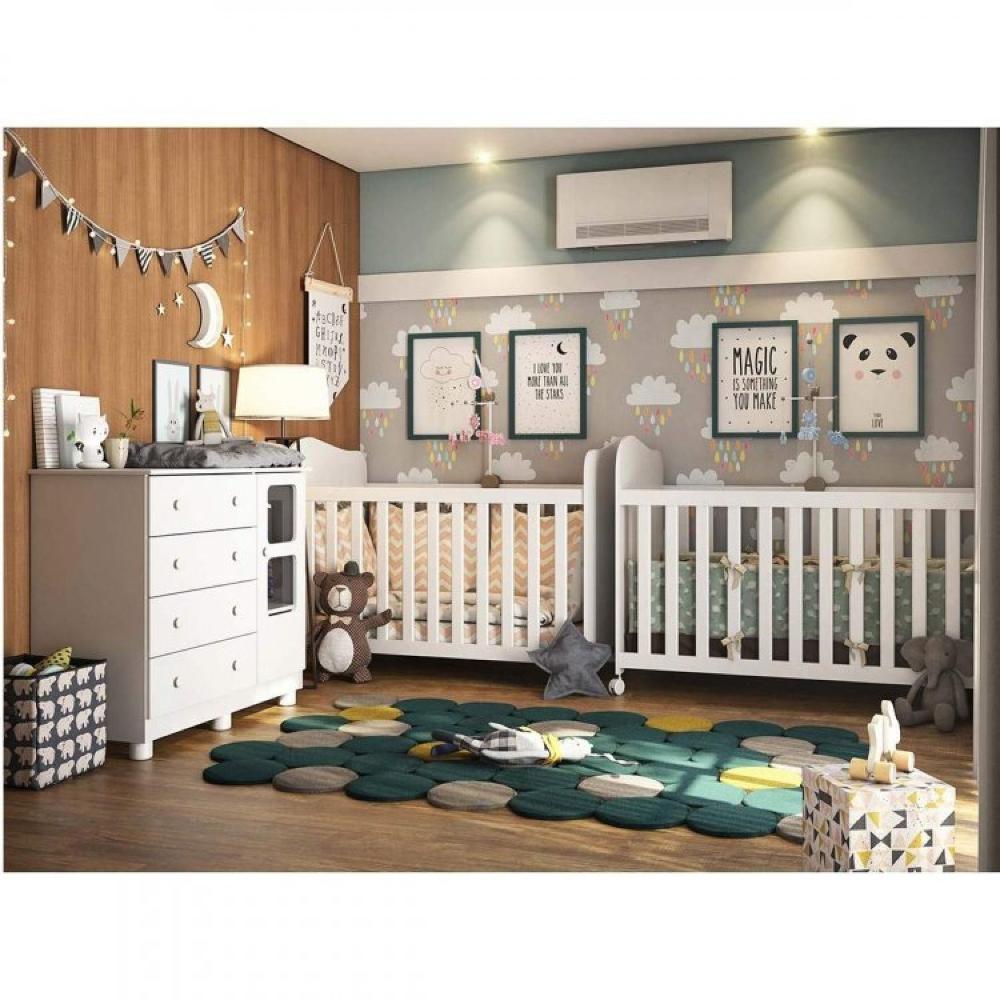 Miniatura Quarto Gêmeos com 2 Berços Americano 1 Cômoda com 4 Gavetas e 1 Porta Uli Móveis Peroba Branco Brilho
