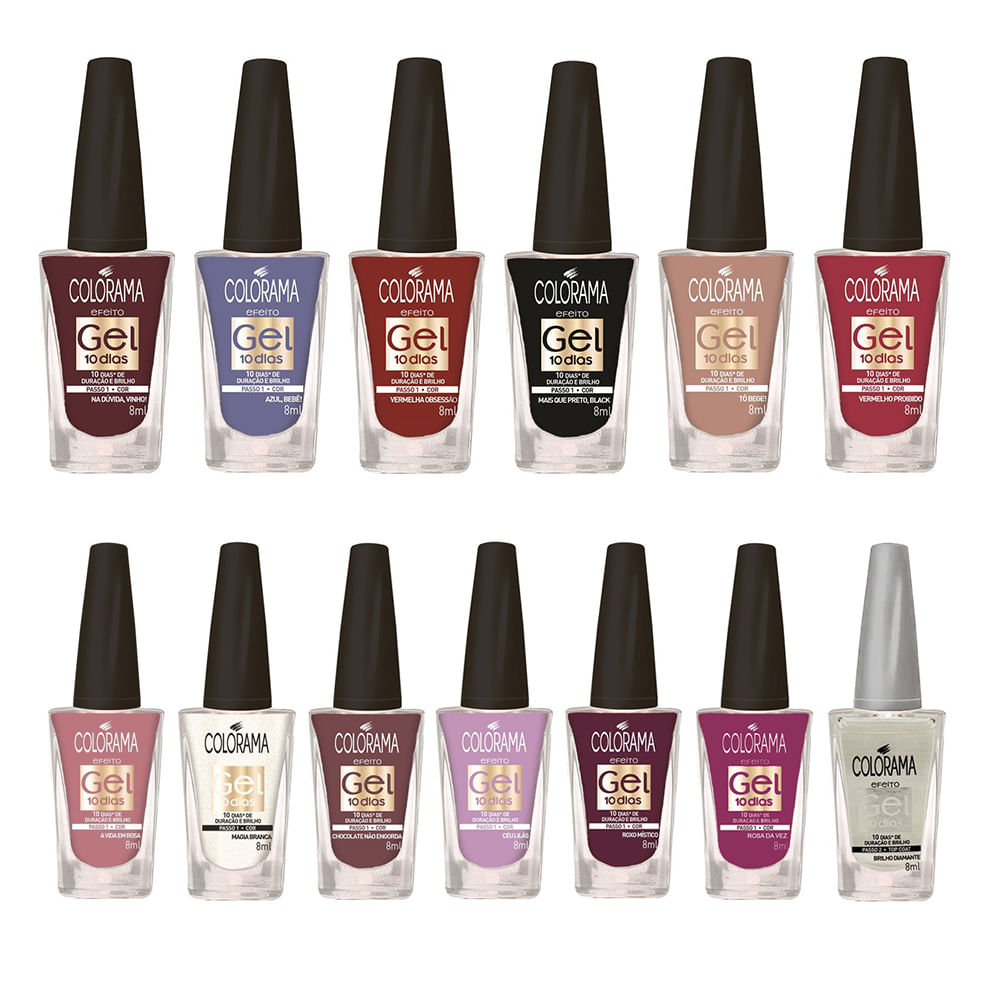 Miniatura Kit Esmalte Gel 10 dias Colorama - 12 Cores - 1 Top Coat