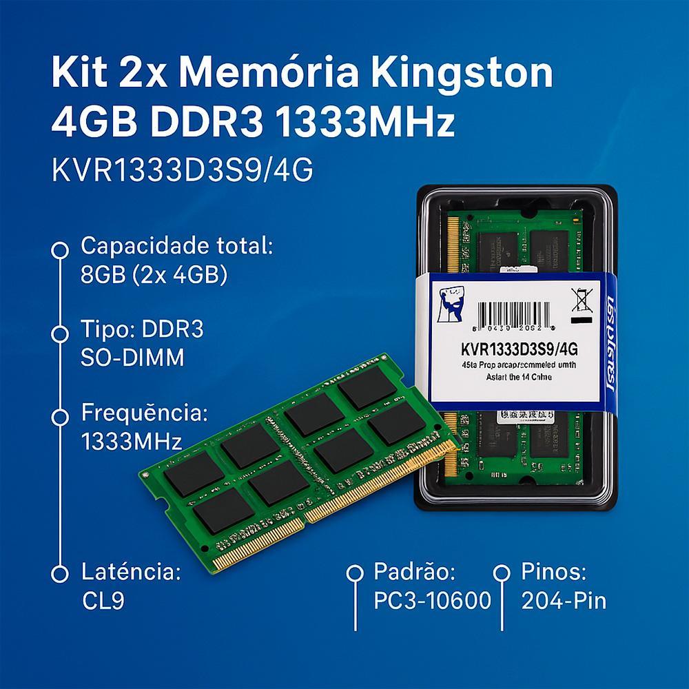 Miniatura Kit 2X Memória Kingston 4Gb Ddr3 1333Mhz Kvr1333D3S9/4G