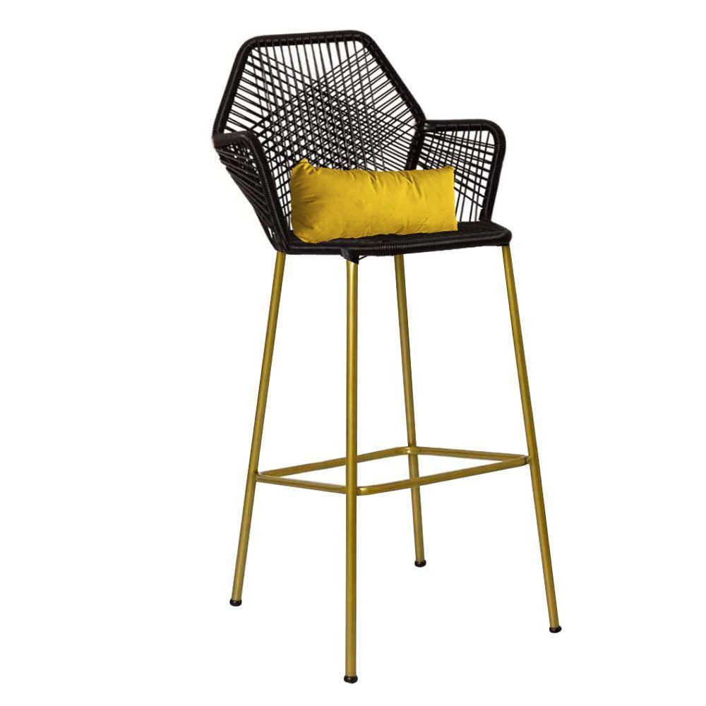 Miniatura Banqueta Alta Com Encosto Ferro Dourado Fibra Preto Almofada Amarelo