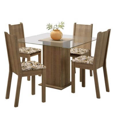 Conjunto Sala de Jantar Madesa Maya Mesa Tampo de Vidro com 4 Cadeiras Rustic/Lírio Bege Cor:Rustic/Lírio Bege