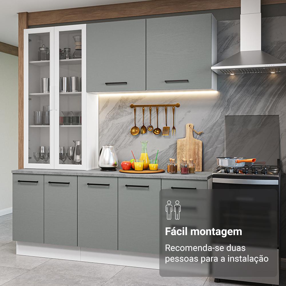 Armário de Cozinha Compacta 190cm com Cristaleira Branco/Cinza Agata Madesa 01 Branco/Cinza