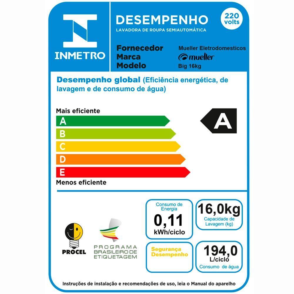 Miniatura Máquina de Lavar Semiautomática 16kg Big Preta 220V Mueller