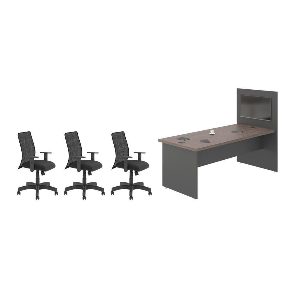 Miniatura Jogo Mesa E Painel De Escritório Com 3 Cadeiras Freijó Preto