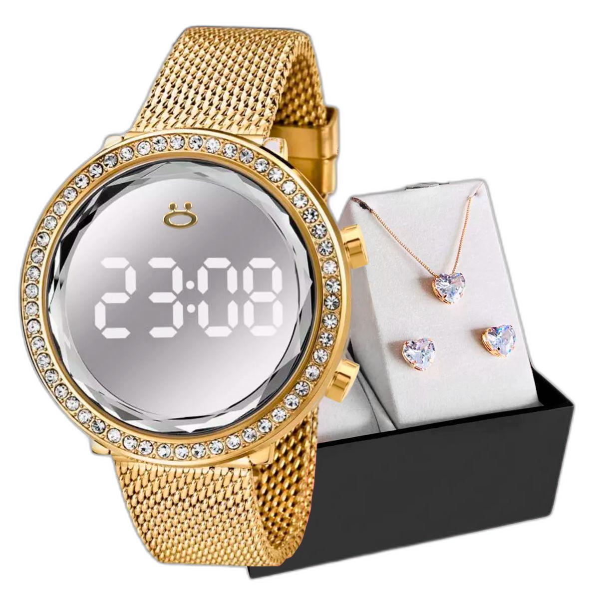Miniatura Relogio Digital Feminino Aço + Caixa + Colar Strass Brinco