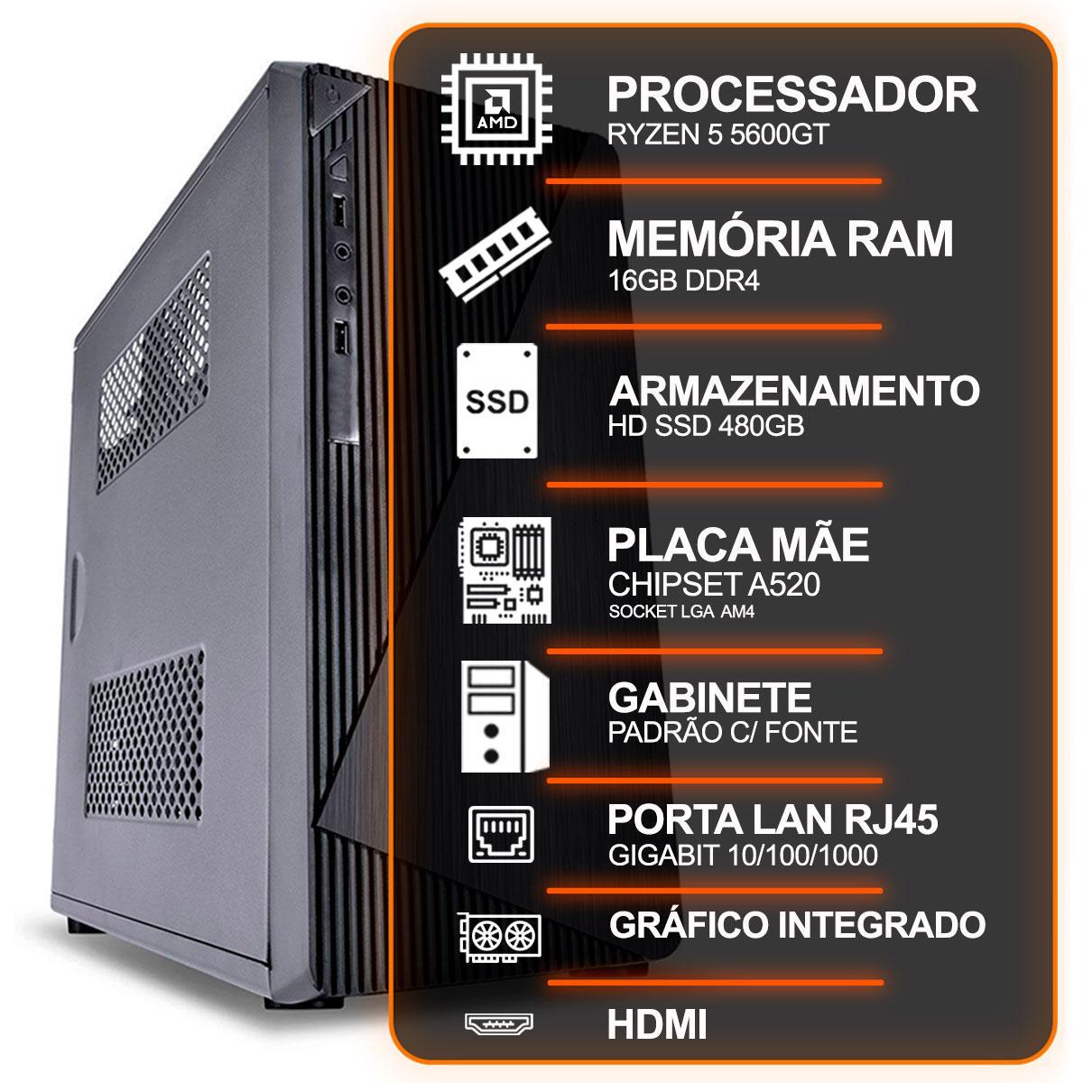 Miniatura Computador Desktop Amd Ryzen 5 5600Gt, 3.6Ghz, 16Gb Ddr4,