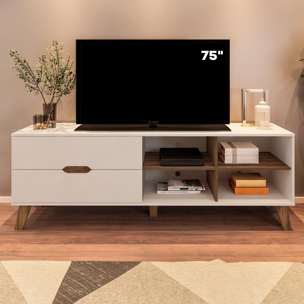 Miniatura Rack Bancada Tv 75 Pol Mdf 2 Gavetas Cedro Off White Arly Cedro Off White