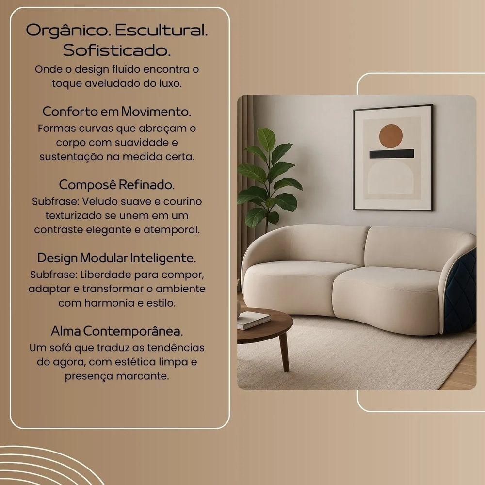 Sofá Organico Modulado Bipartido Curvo 318cm 3 Lugares Viena Linha Premium Veludo E Courino
