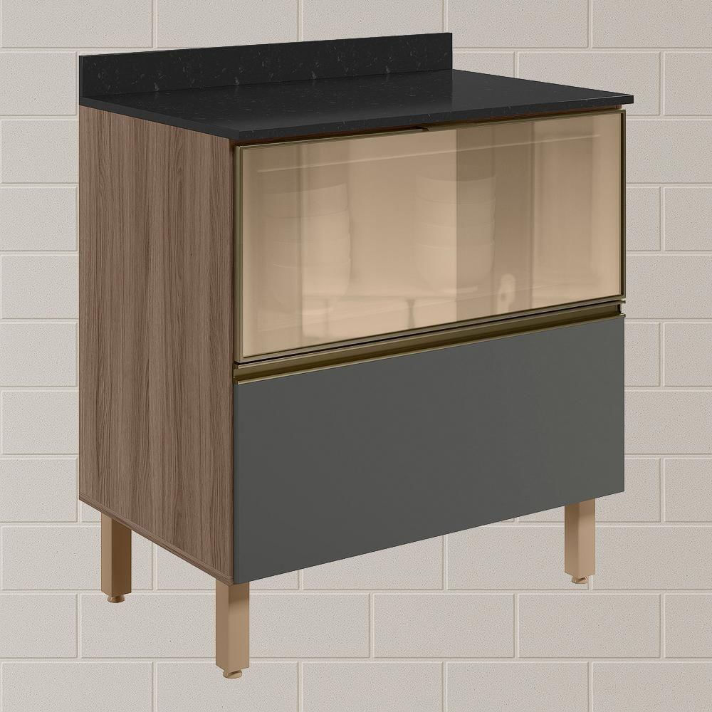 Miniatura Balcao Tampo 2g Vidro 80cm Mdf Kali 16415 Nicioli Carvalho Toq Chumbo
