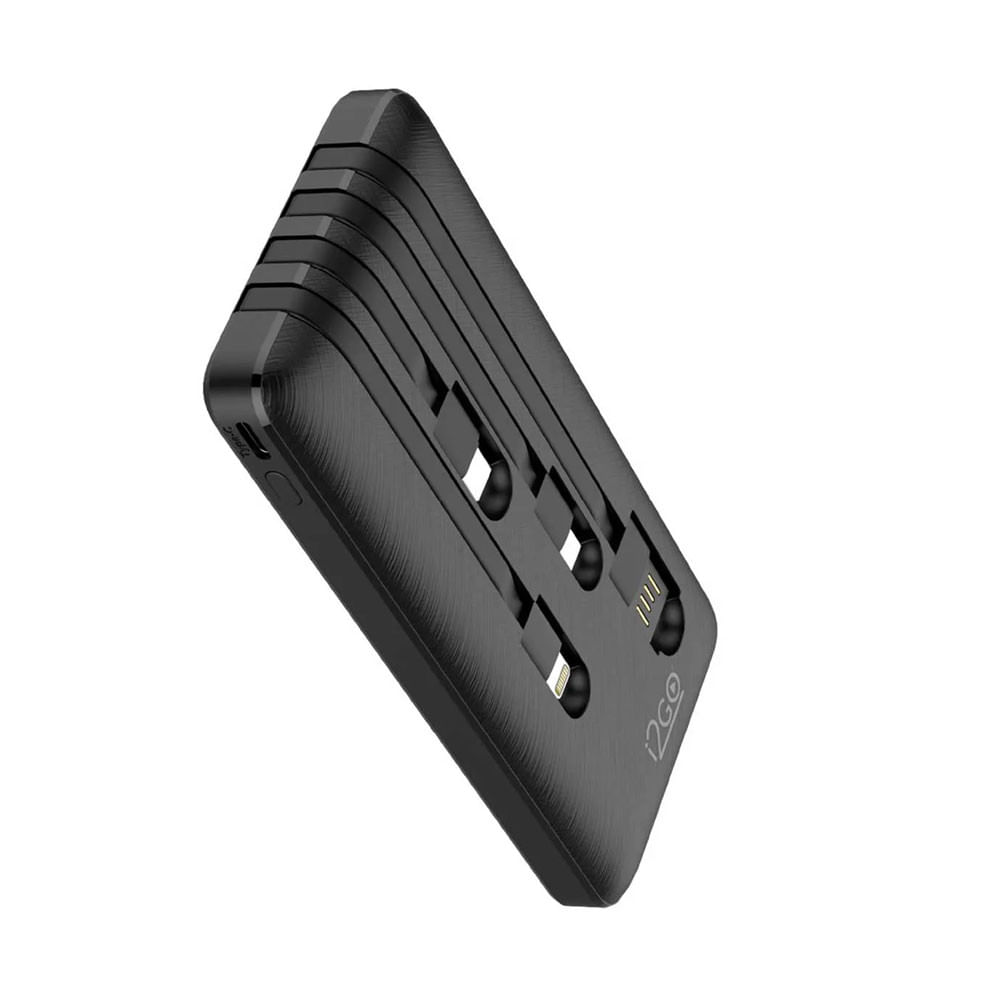 Carregador Portátil (Power Bank) 10000mAh 4 em 1 com Cabos Acoplados (Micro USB, USB-C, Lightning E USB-A) I2GO Plus Preto - Bivolt