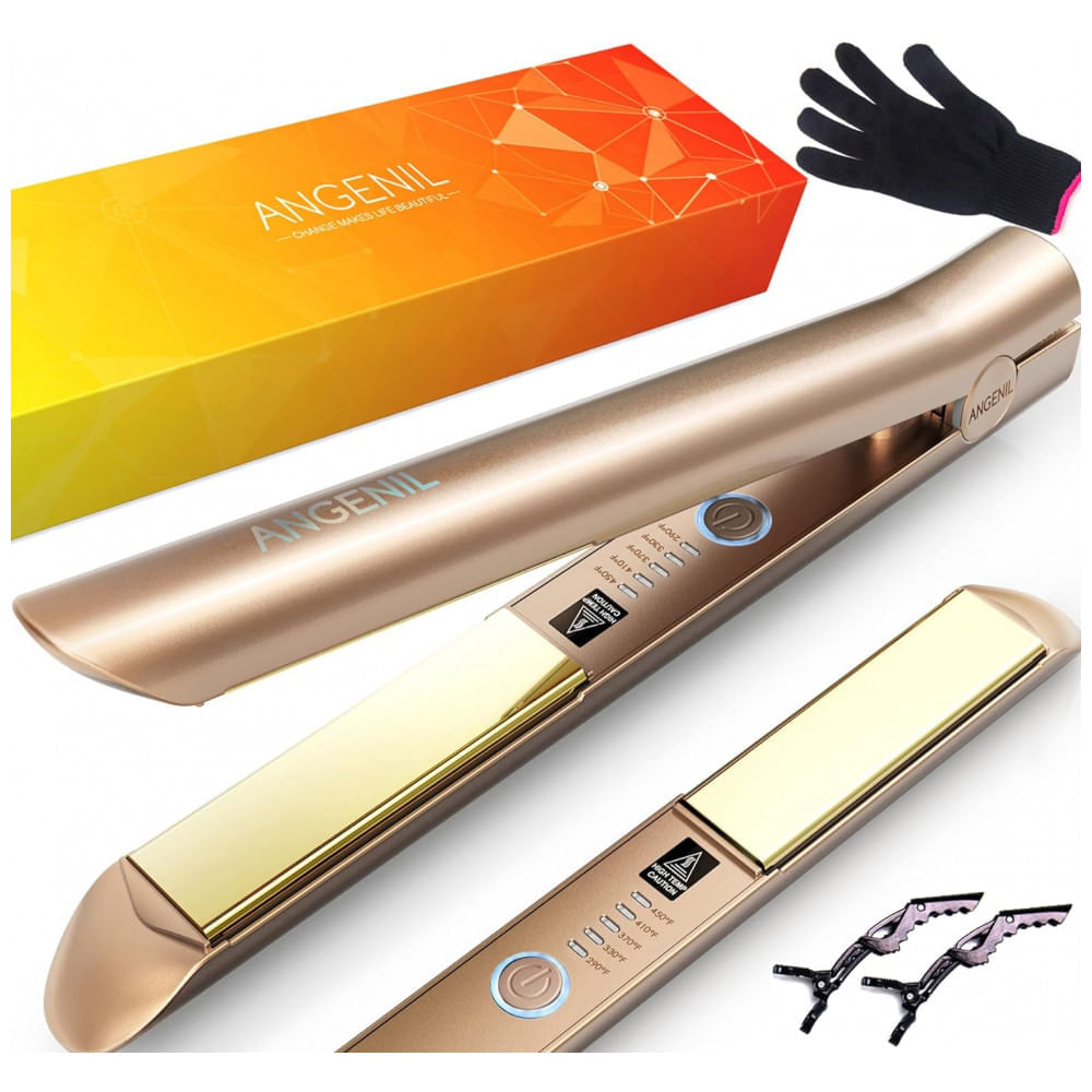 Miniatura Chapinha Prancha de Cabelo Profissional 2 em 1 com Placa Cerâmica e Visor LED, Bivolt, ANGENIL HS 068B, Dourado