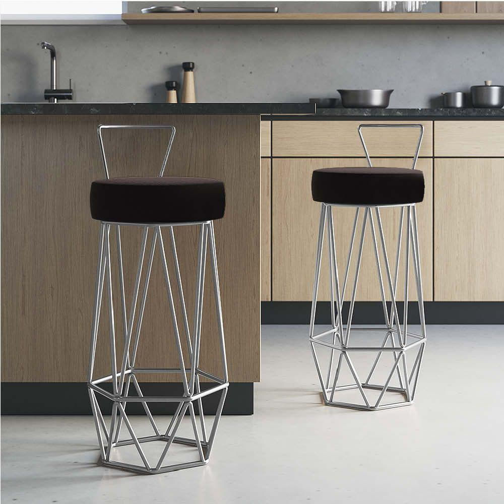 Miniatura Banqueta Com Encosto Botty Hexágono Cozinha Bar Ferro Cinza Corino Marrom - Amey Decor