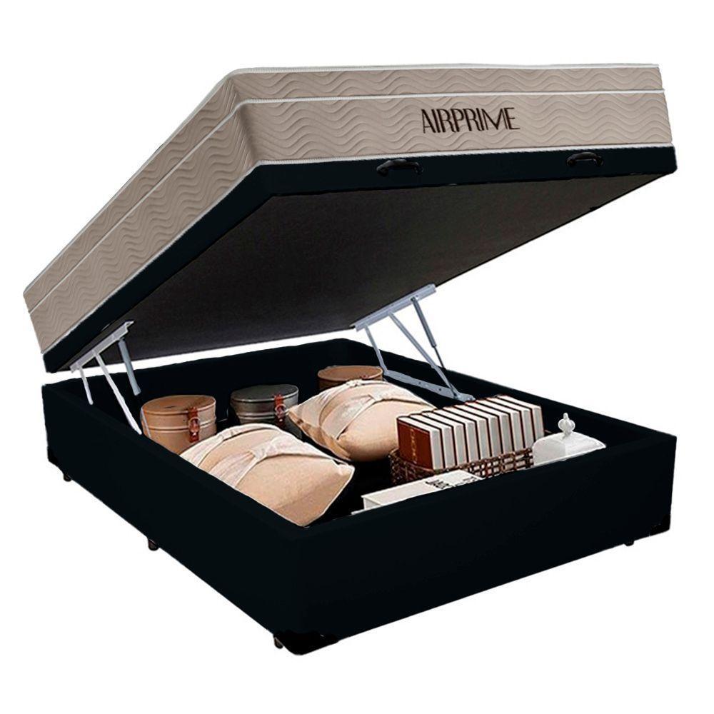 Cama Box Baú Casal Sintético Cremil + Colchão Molas Ensacadas Airprime 138cm Preto - Suporta Até 120kg Por Pessoa