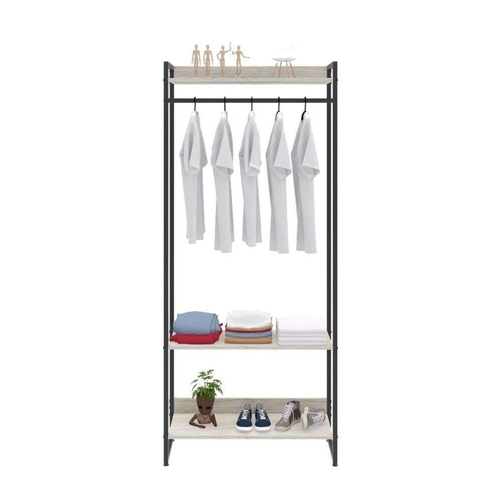 Estante Closet Arara Industrial 3 Prateleiras 187x80cm Dynamica Yescasa Snow / Preto