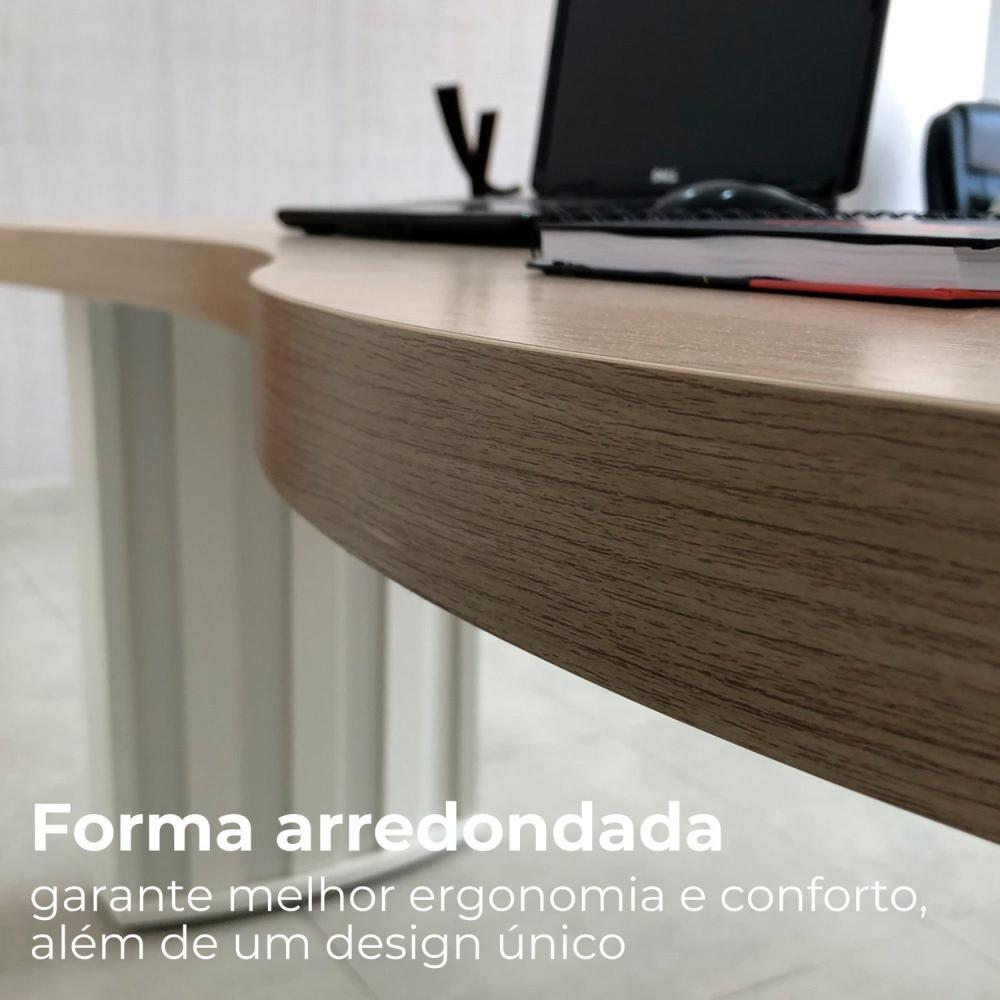 Mesa Para Escritório 200cm Curvas Orgânicas Tampo Tamburato Diretor Artany Carvalho/Branco