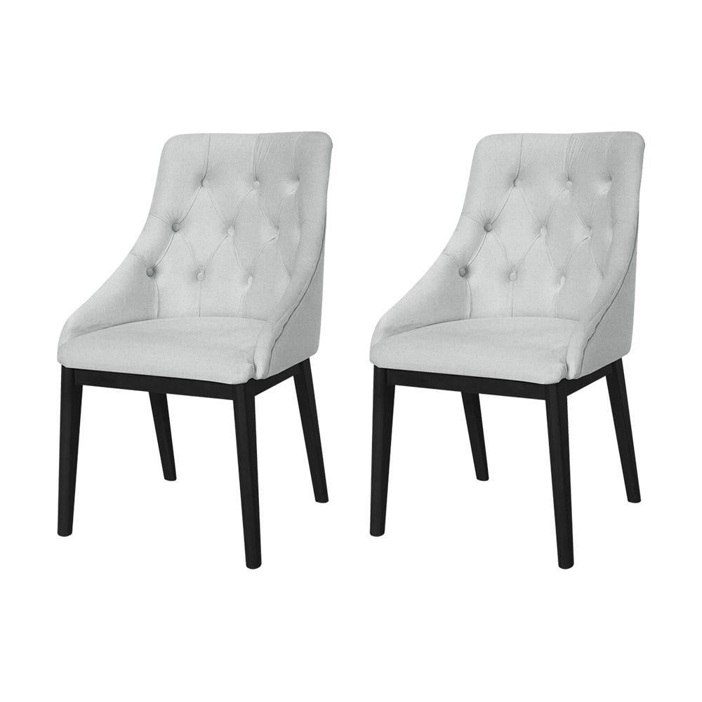 Miniatura Kit 2 Cadeiras De Jantar Elisa Nobre Estofada Capitonê Linho Cinza Base Madeira Maciça Preto