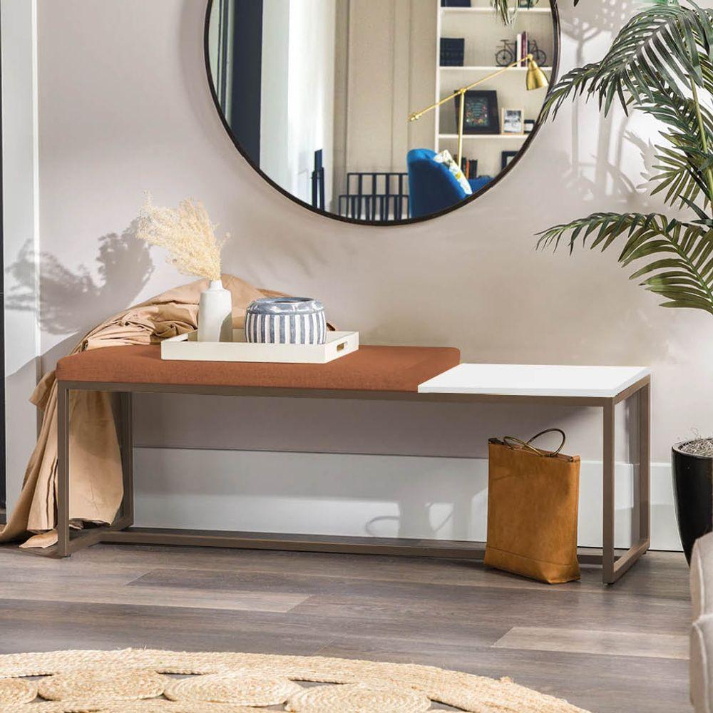 Miniatura Banco Recamier Puff 160cm Industrial Marrom Suede Terracota Tampo Quadrado Mdf Branco