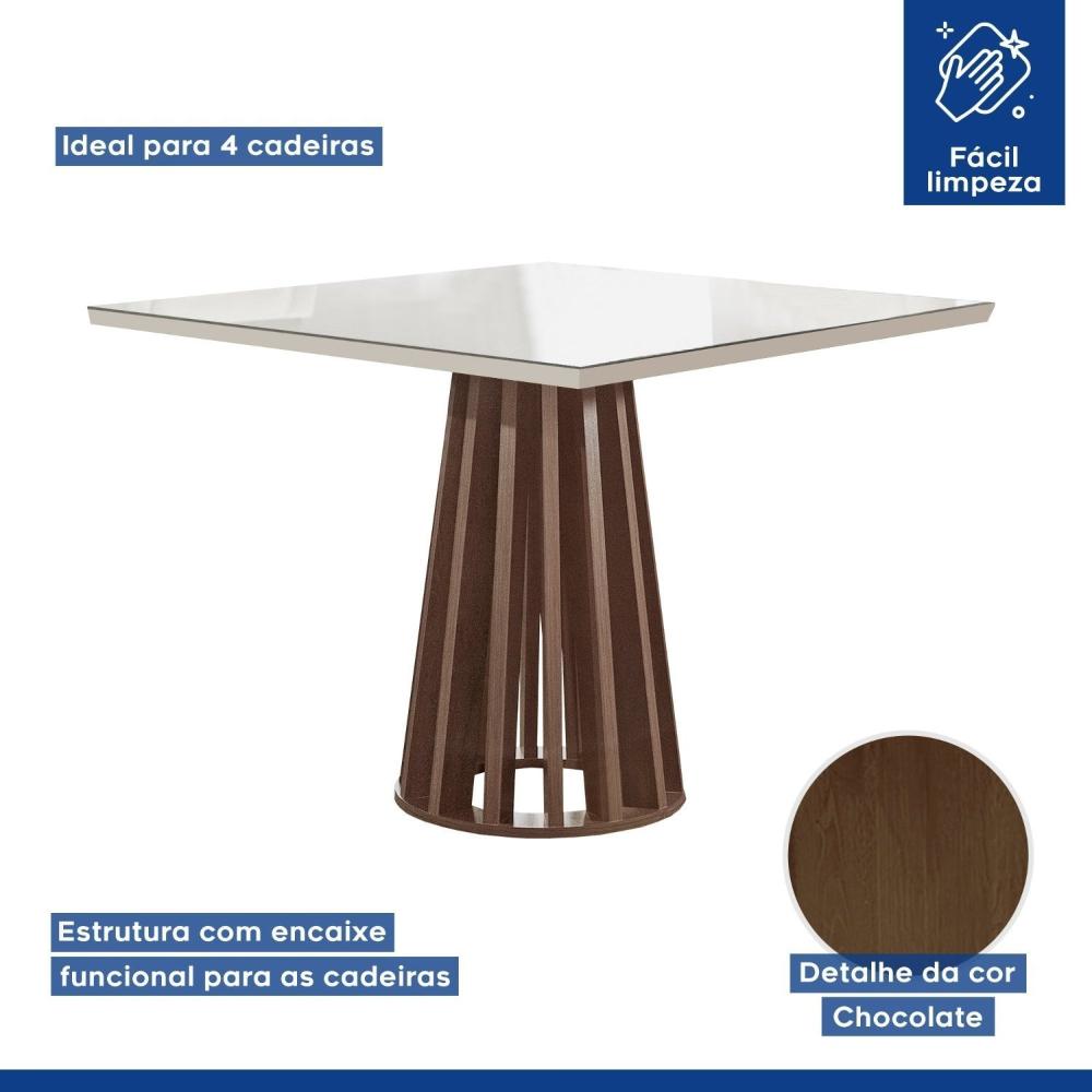 Conjunto Mesa Tampo Slim Plus Vidro Kansas 100cm 4 Cadeiras Arizona Chocolate/Off White/Suede Bege
