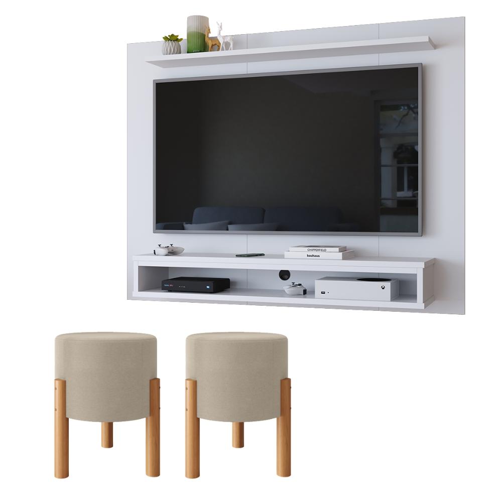Miniatura Painel Suspenso TV 48 Polegadas Nicho Nairobi Branco e Kit 2 Puff Banqueta Redonda Multiuso Pés Retrô Thor Bege Sala Quarto