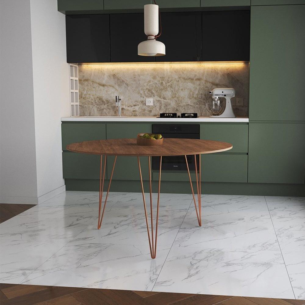 Miniatura Mesa de Jantar Redonda 110cm Clips 3 Pés Base Cobre Amendoa