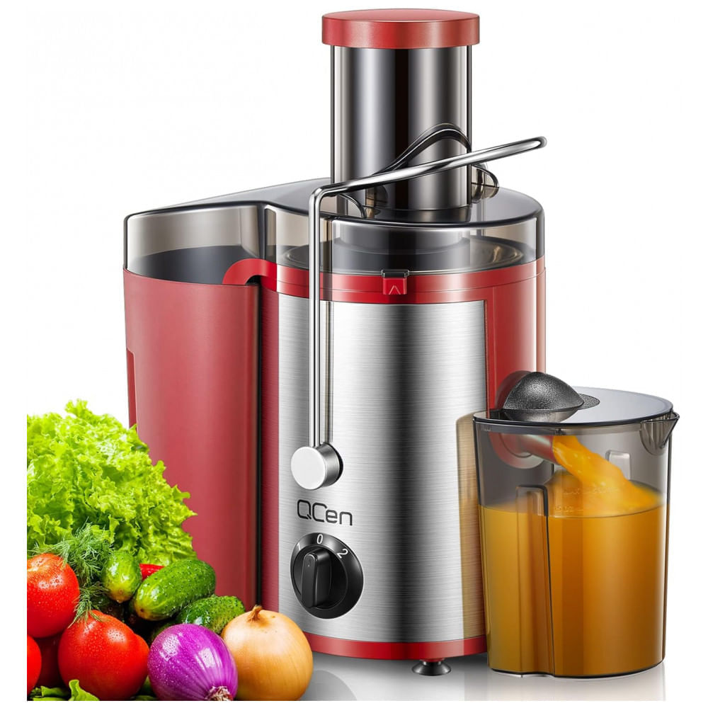 Miniatura Centrifuga de Frutas em Aço Inoxidável com Bocal Largo, 110V 500W, QCen, Vermelho