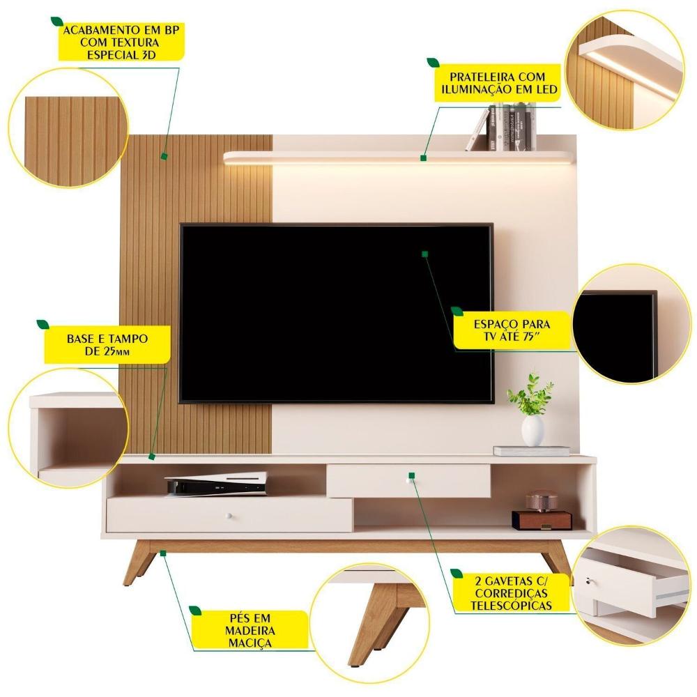 Miniatura Estante Home Theater para Tv até 75 Polegadas com Led Ripado Impressão 5232 Elmo/Offwhite