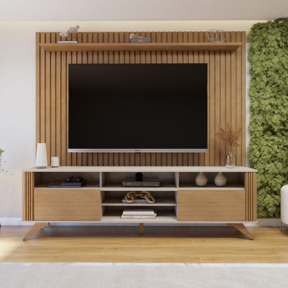 Rack Bancada Mariana Pés Madeira Maciça com Painel Vitória para TV até 65 Polegadas Off White/Cinamomo