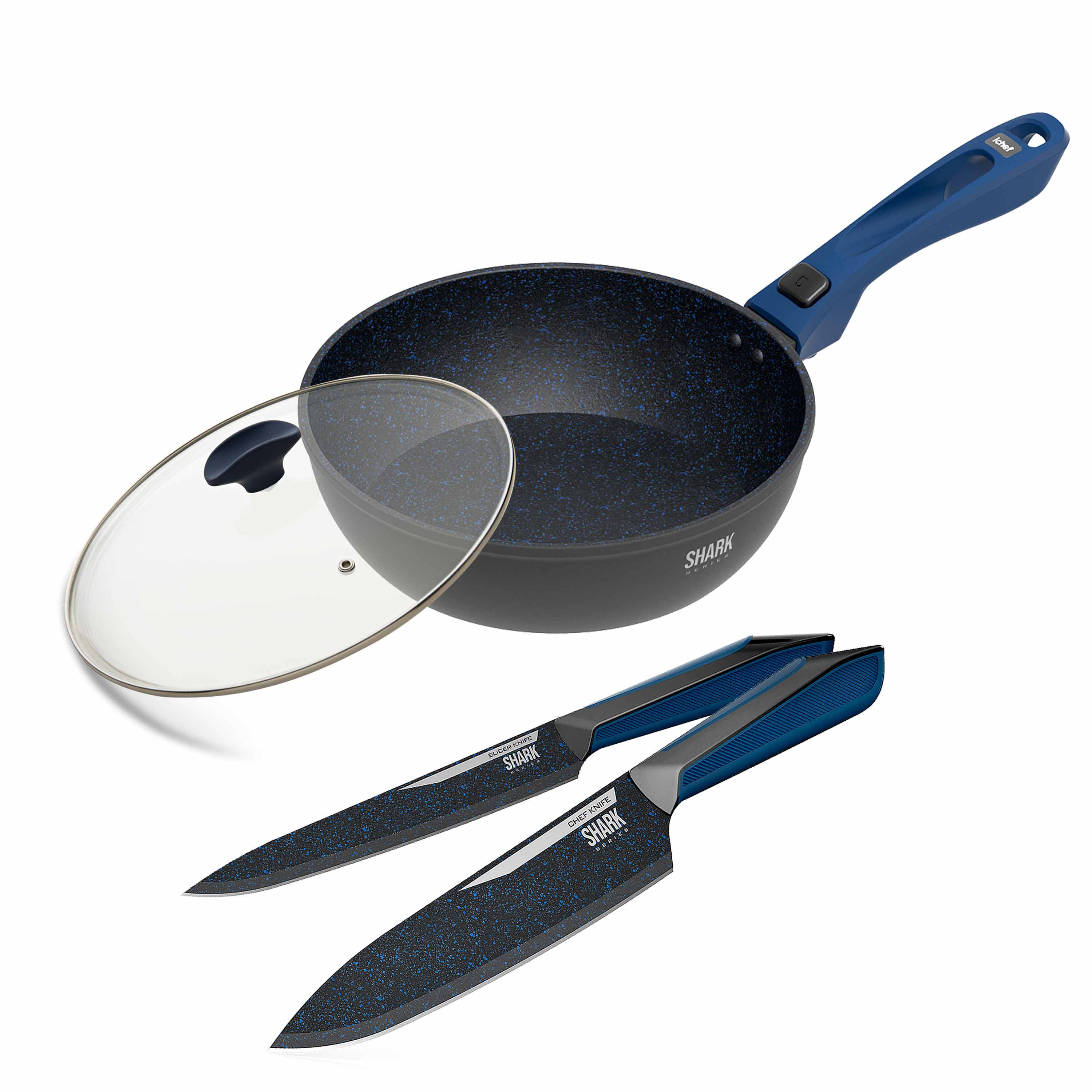 Miniatura Panelas Ultra Day by Day 24cm com Tampa de Vidro Azul e Kit com 2 Facas Revestimento Ichef Blue Ichef