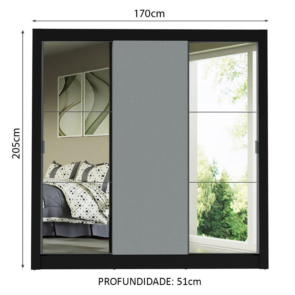 Guarda-Roupa Casal Madesa Mônaco 3 Portas de Correr com Espelhos - Preto/Cinza Preto/Cinza