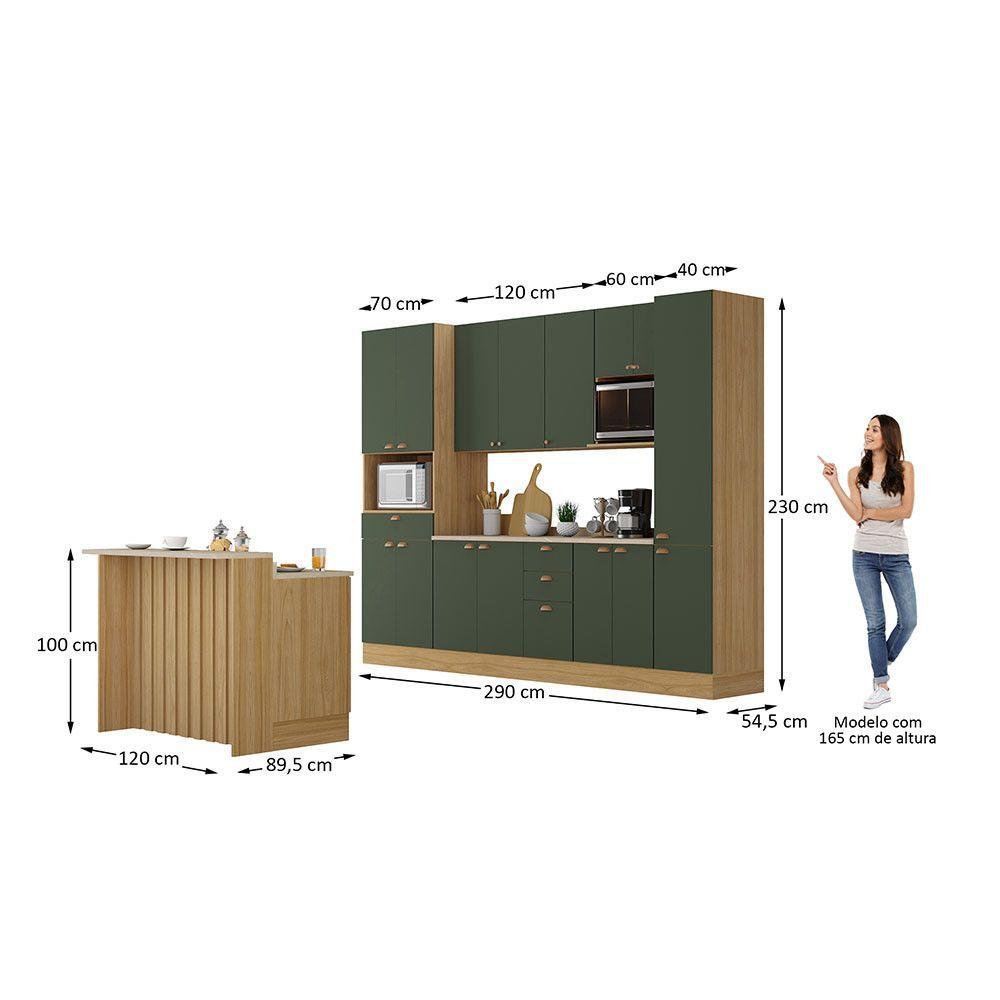 Miniatura Cozinha Modulada Completa Com Bancada Ilha 8 Peças Com Tampo Freijó/verde Amalfi
