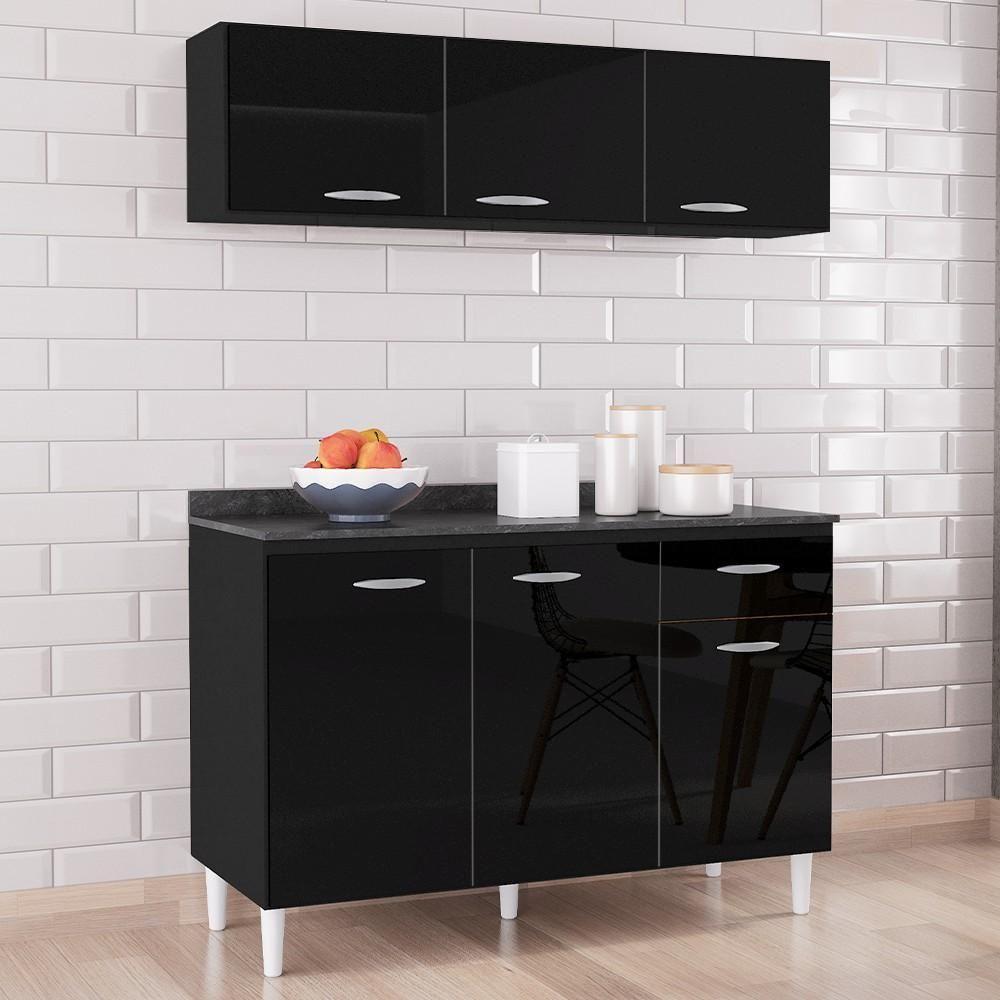 Miniatura Armário Aéreo E Balcão De Cozinha 120cm Com Tampo Classic P11 Preto - Mpozenato